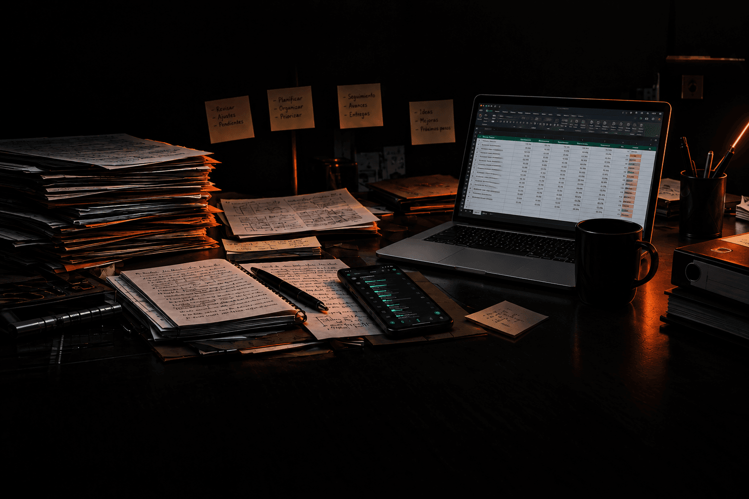 Escritorio desbordado de papeles y notas, con una laptop mostrando una planilla desordenada